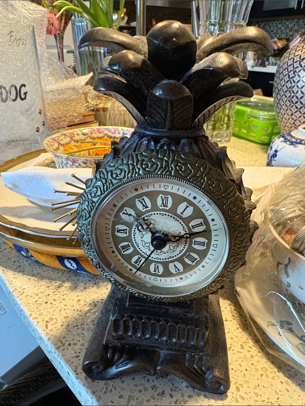 Bombay Ornate Bronze-Tone Wooden Decorative table Clock